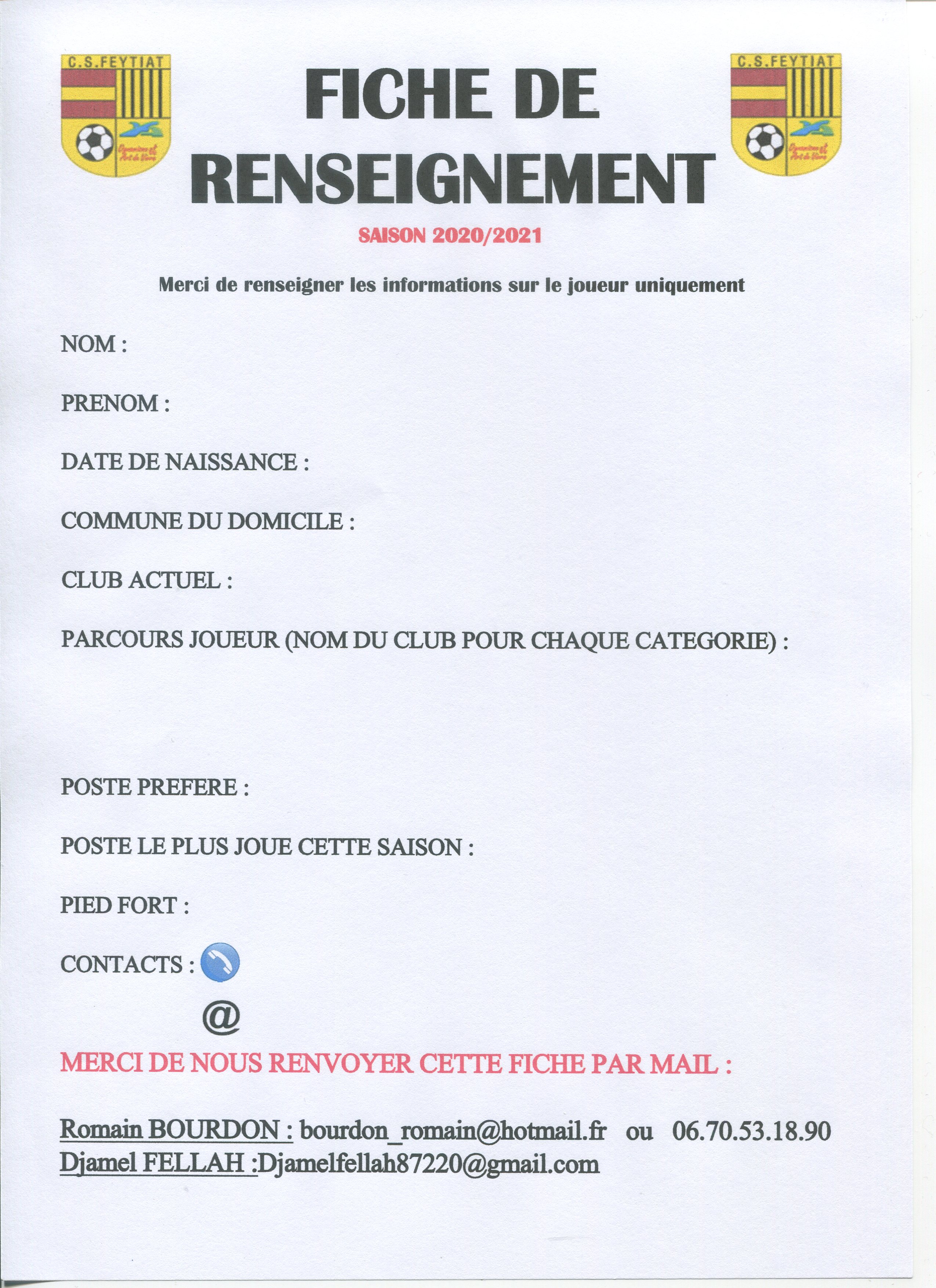 Actualité Détection U12 U13 fiche de renseignement club